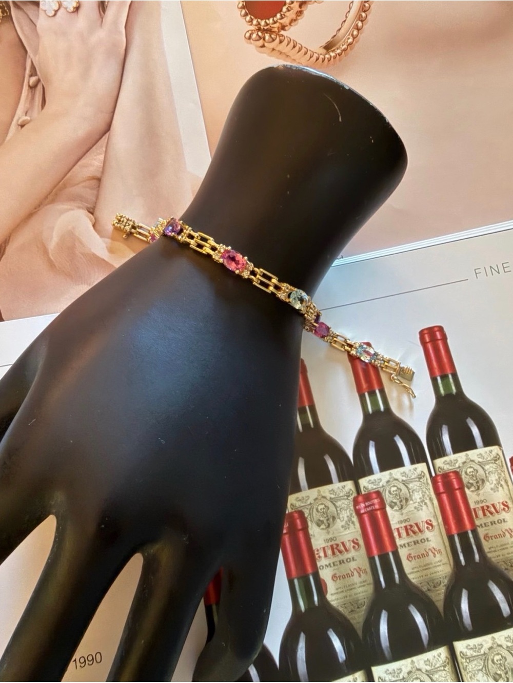 Gold Multistone Link Bracelet with Pink, Purple and Blue Accents